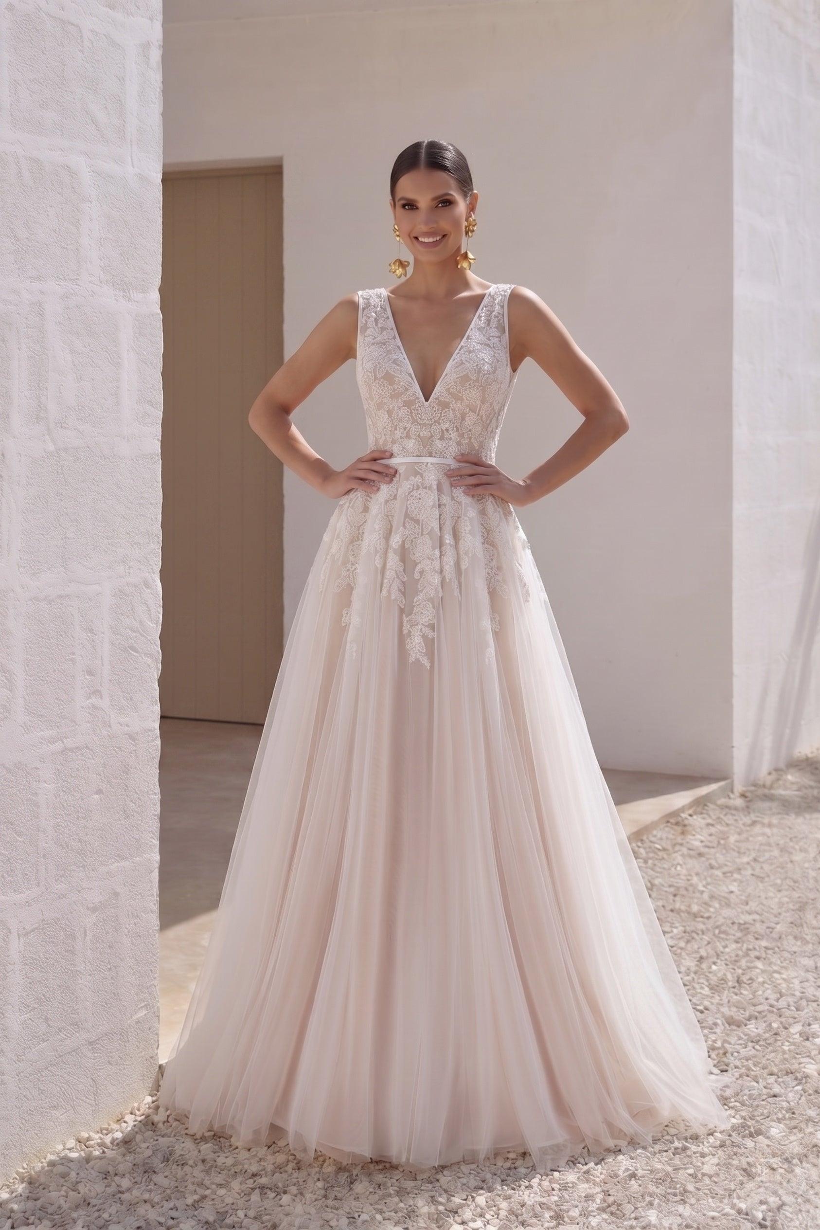 A-Line Court Train Tulle and Lace Wedding Dress LD3932 - 35 Days / As Picture:Ivory/Champagne / US0-UK2-EUR30 - COCOMELODY